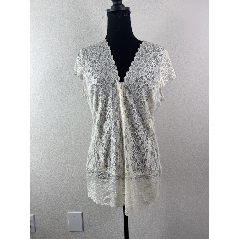 CAbi Lace Top Tunic Stretch Women's L Ivory Sheer Cap Sleeve Y2K Romantic NWT - Picture 1 of 8